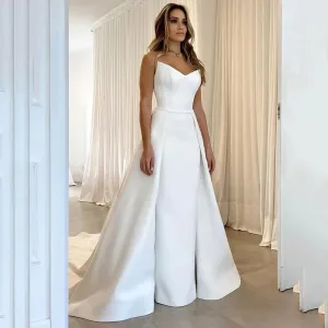 White Wedding Dresses With Detachable Train Bow Sweetheart Wedding Gowns Women Satin Button Elegant Bridal Gowns