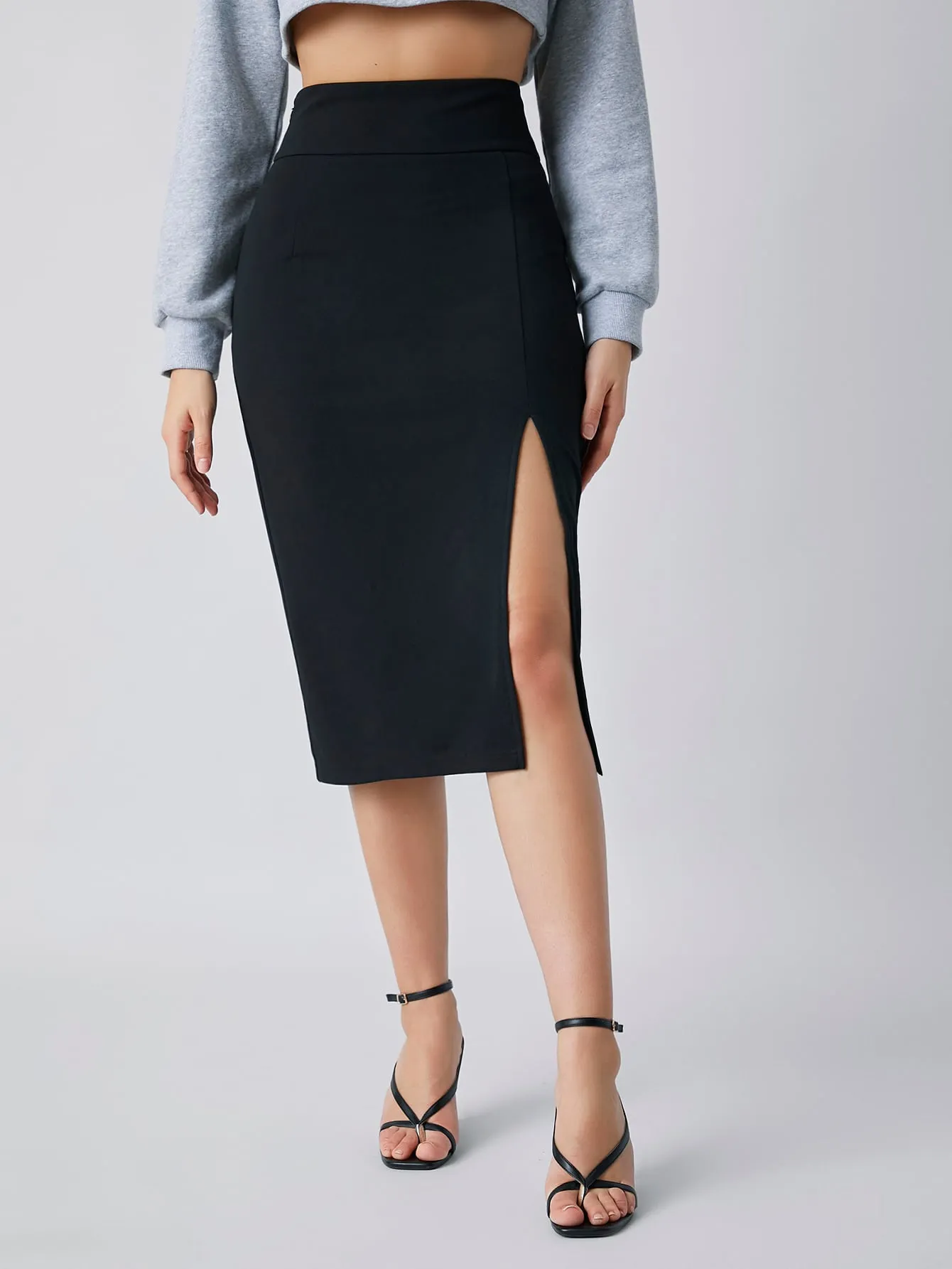Wide Waistband Split Thigh Skirt