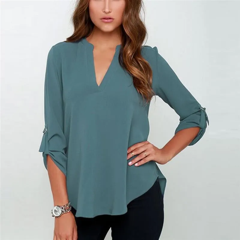Women Blouses Cross Front Split Back Chiffon Blouse Long Sleeve Ladies Tops Shirts Plus Size