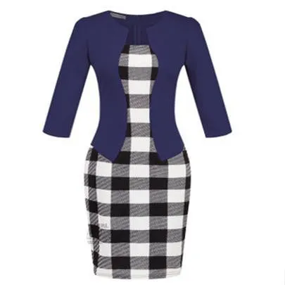Women Fashion Autumn Spring Style Faux Two Piece Elegant Plaid Long Sleeve Pencil Dresses Office Wear Work Outfits S122