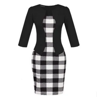Women Fashion Autumn Spring Style Faux Two Piece Elegant Plaid Long Sleeve Pencil Dresses Office Wear Work Outfits S122