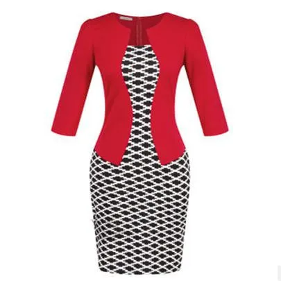 Women Fashion Autumn Spring Style Faux Two Piece Elegant Plaid Long Sleeve Pencil Dresses Office Wear Work Outfits S122