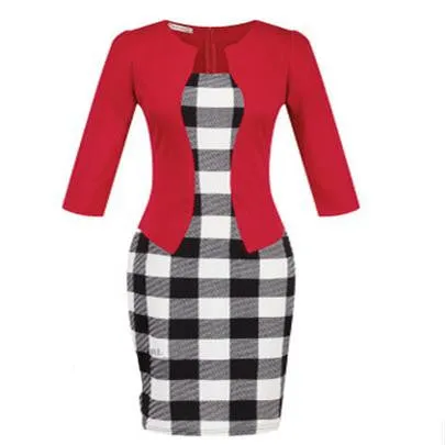 Women Fashion Autumn Spring Style Faux Two Piece Elegant Plaid Long Sleeve Pencil Dresses Office Wear Work Outfits S122