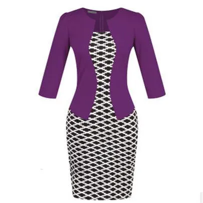 Women Fashion Autumn Spring Style Faux Two Piece Elegant Plaid Long Sleeve Pencil Dresses Office Wear Work Outfits S122