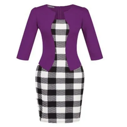 Women Fashion Autumn Spring Style Faux Two Piece Elegant Plaid Long Sleeve Pencil Dresses Office Wear Work Outfits S122