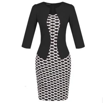 Women Fashion Autumn Spring Style Faux Two Piece Elegant Plaid Long Sleeve Pencil Dresses Office Wear Work Outfits S122