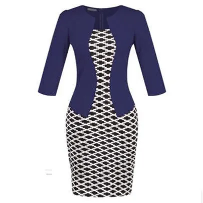 Women Fashion Autumn Spring Style Faux Two Piece Elegant Plaid Long Sleeve Pencil Dresses Office Wear Work Outfits S122
