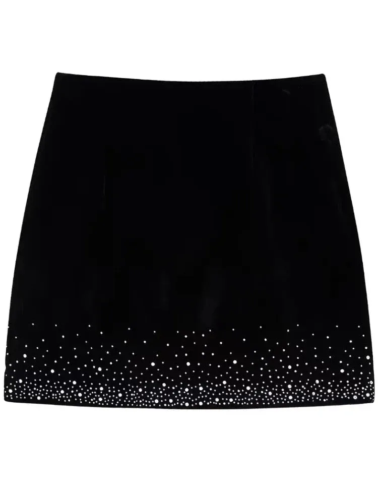 Women Fashion Hem Shinning Sequined Velvet Mini Skirt Female Chic Side Zipper Pencil