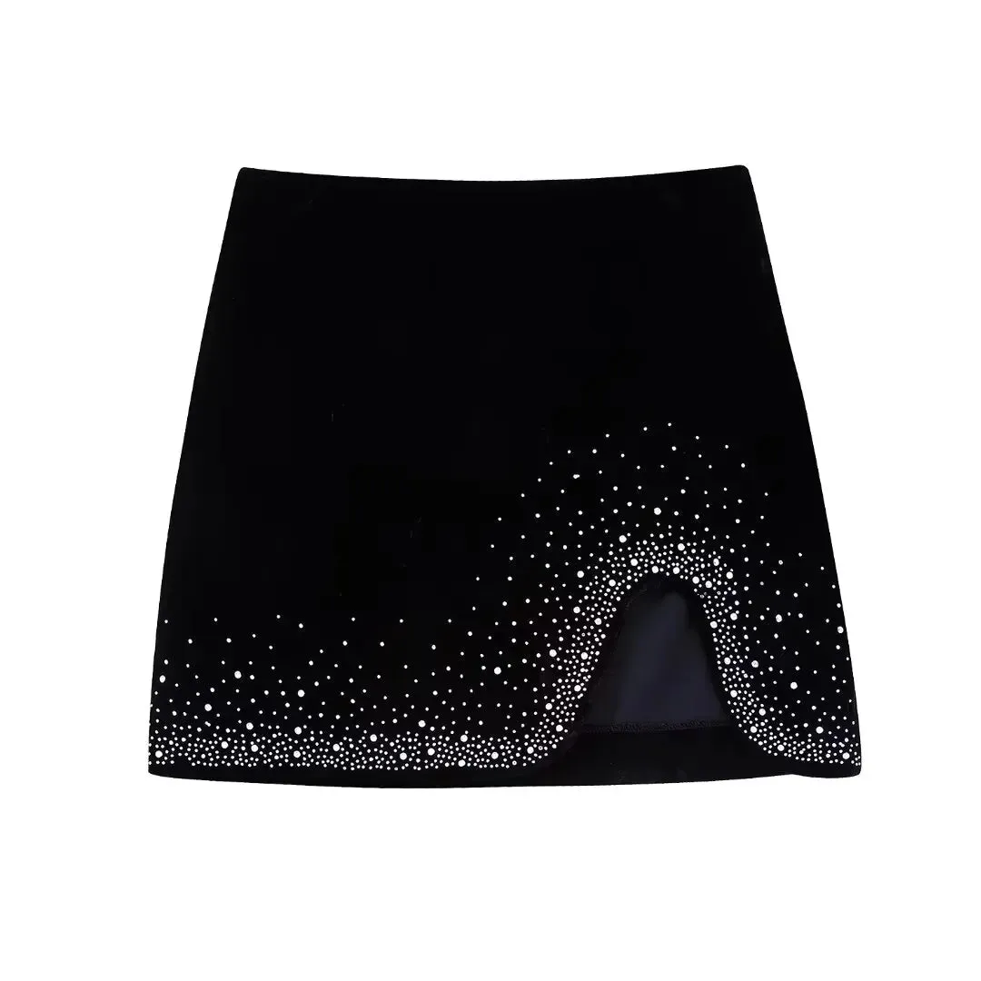 Women Fashion Hem Shinning Sequined Velvet Mini Skirt Female Chic Side Zipper Pencil