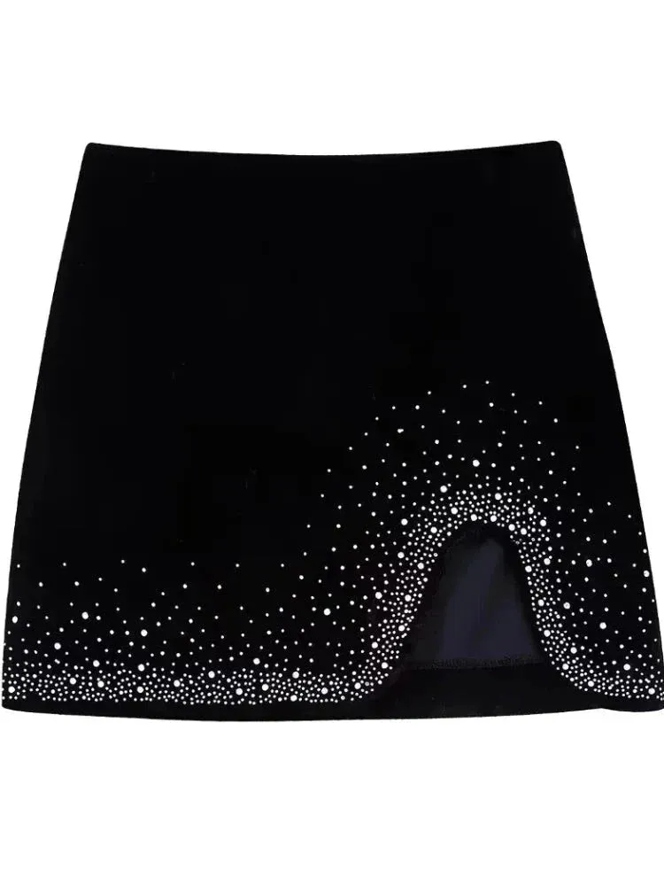 Women Fashion Hem Shinning Sequined Velvet Mini Skirt Female Chic Side Zipper Pencil