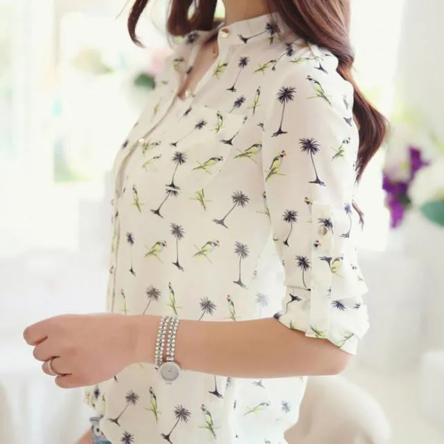 Women Long Sleeve Bird Printed Dot Chiffon 2 Styles Shirts Fashion Slim Blouses Shirts