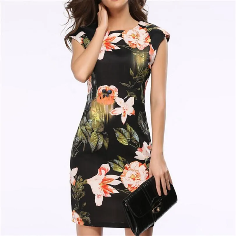 Women Vintage Dress Sleeveless Summer Floral Pencil Dresses Evening Party Elegant Design Flowers Clothes S154