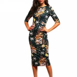 Womens Brand Bodycon Dresses Vintage Spring Summer Office Green Mock Neck Floral Pencil Midi Dress Vestidos