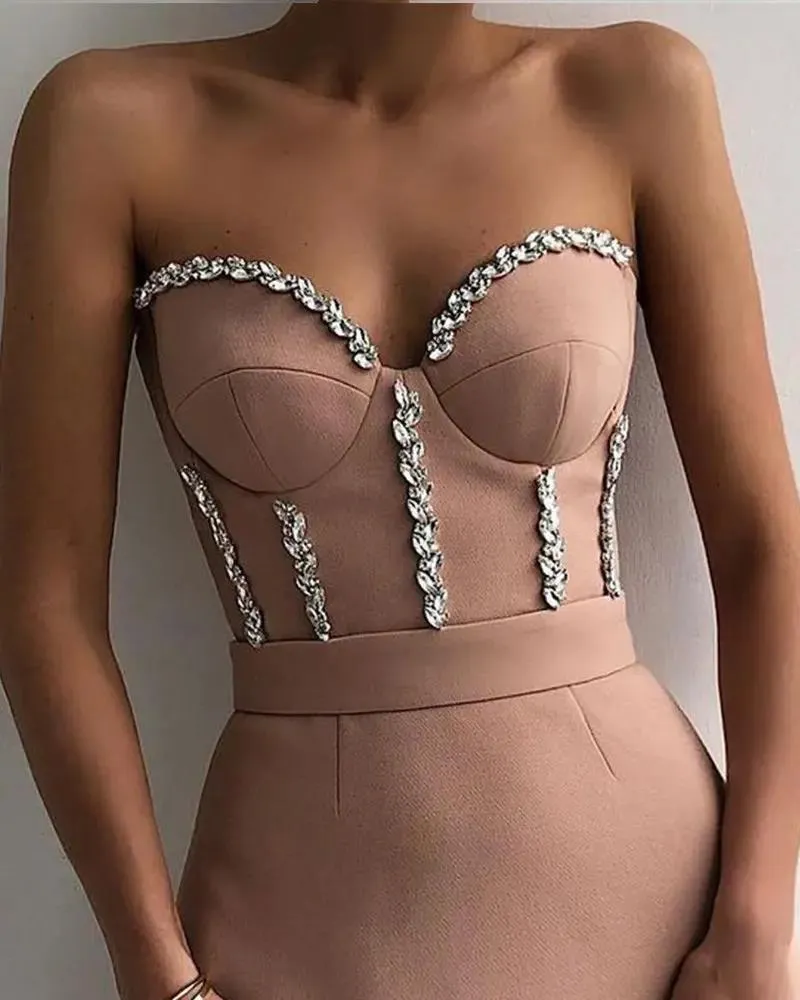 Women's Corset Top and Pencil Skirt Jeweled Maxi Dress