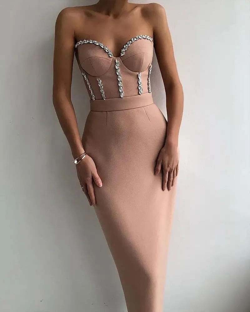 Women's Corset Top and Pencil Skirt Jeweled Maxi Dress