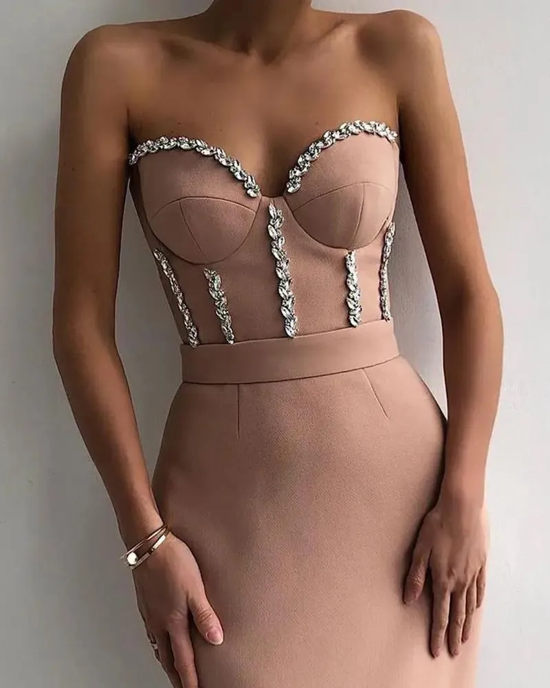 Women's Corset Top and Pencil Skirt Jeweled Maxi Dress