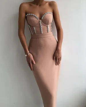 Women's Corset Top and Pencil Skirt Jeweled Maxi Dress
