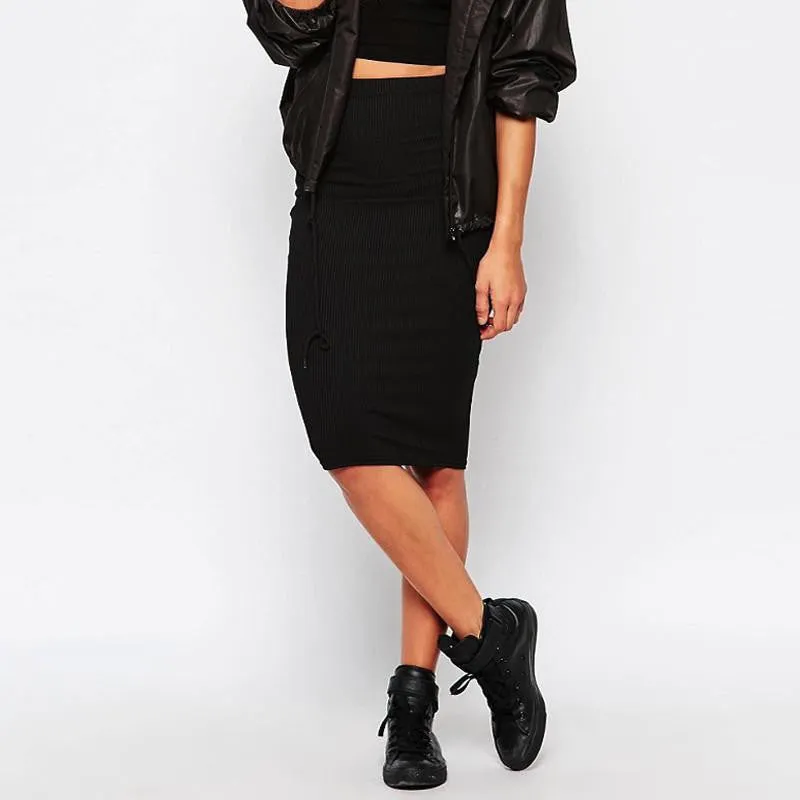 Womens High Waist Knitted Skirts Bodycon Knee Length Slim Hip Black White OL Pencil Skirts Saia