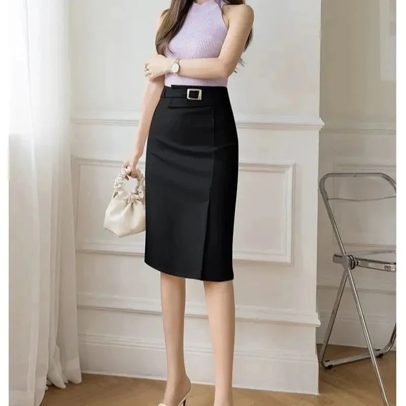 Women's High Waist Split Knee Length Midi Bodycon Pencil Skirt, Elegant Suit, Business Work Skirt, Office Ladies Skirts