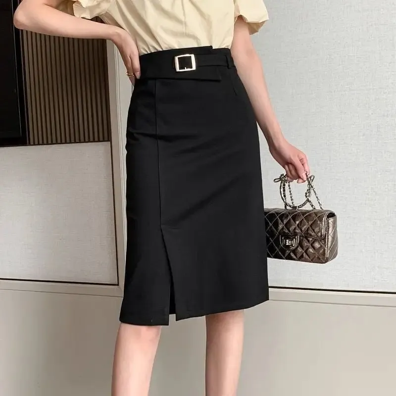 Women's High Waist Split Knee Length Midi Bodycon Pencil Skirt, Elegant Suit, Business Work Skirt, Office Ladies Skirts