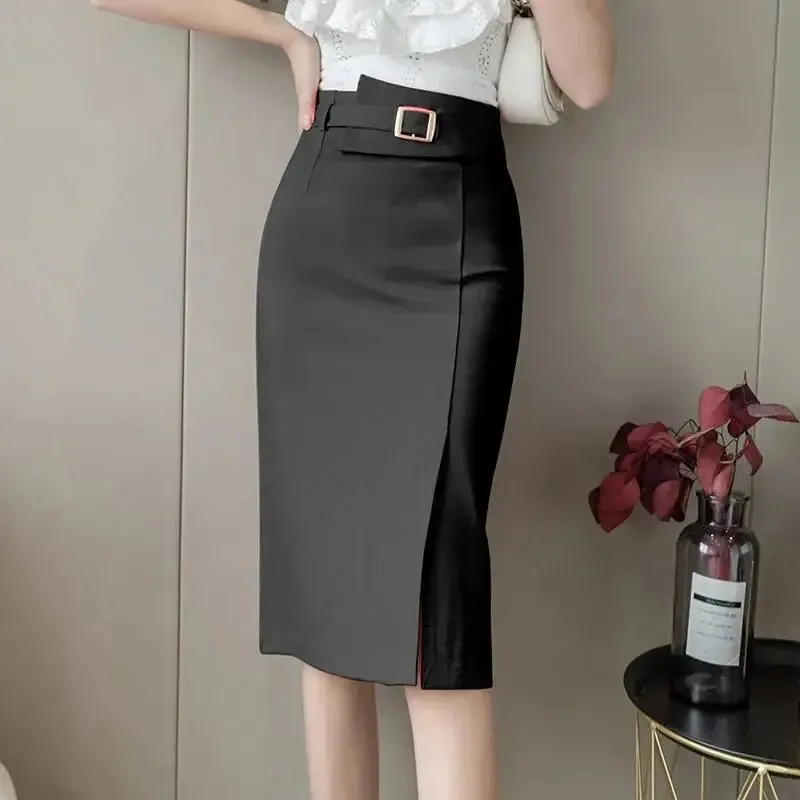 Women's High Waist Split Knee Length Midi Bodycon Pencil Skirt, Elegant Suit, Business Work Skirt, Office Ladies Skirts
