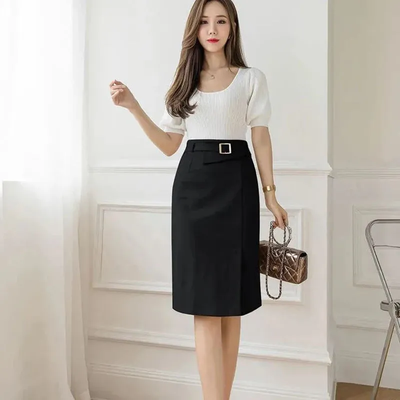 Women's High Waist Split Knee Length Midi Bodycon Pencil Skirt, Elegant Suit, Business Work Skirt, Office Ladies Skirts