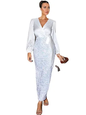 Women's Long Sleeve V-Neck Tie Waist Maxi Dress with Sequins