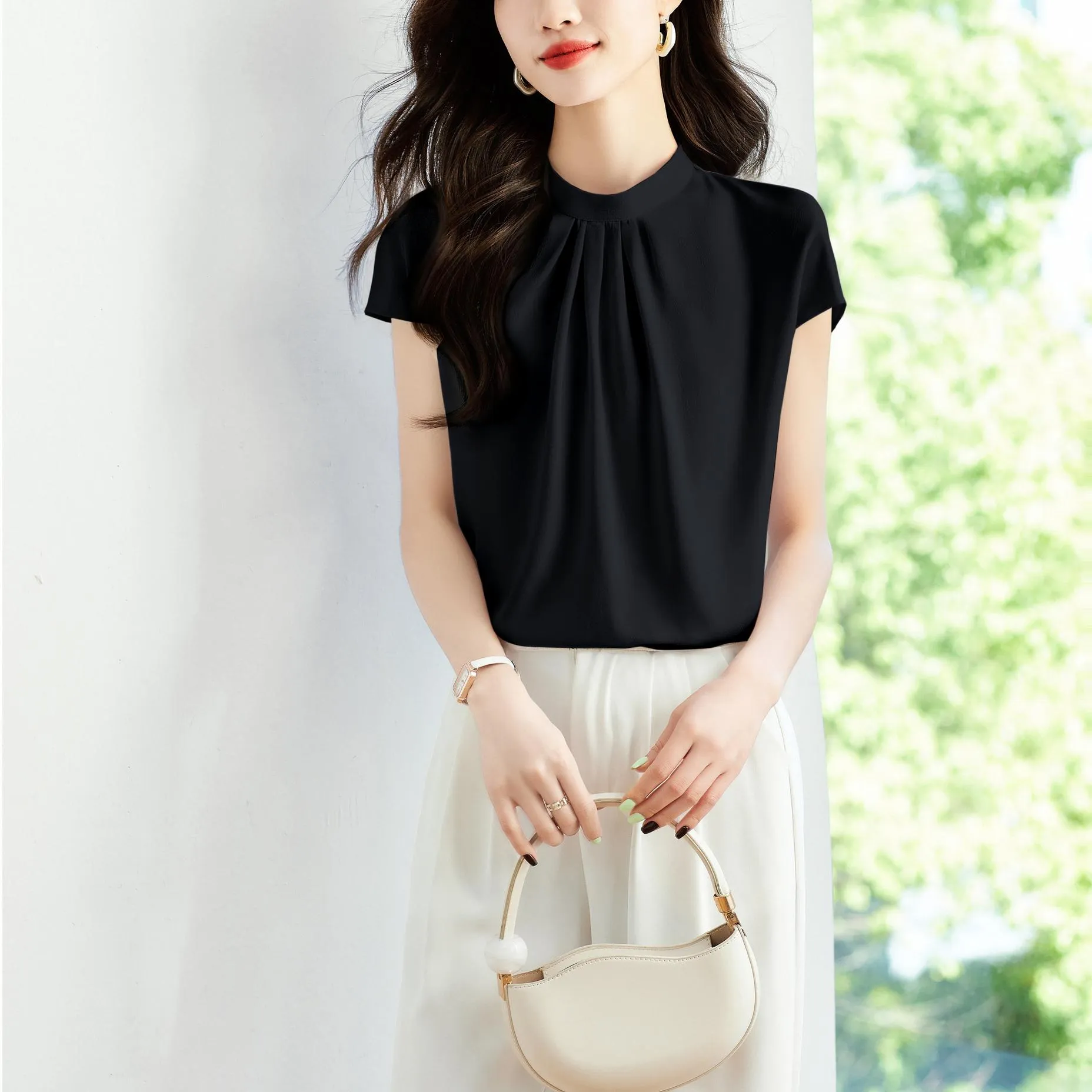 Women's Slinky Silk Blouse Featuring Pleated Details