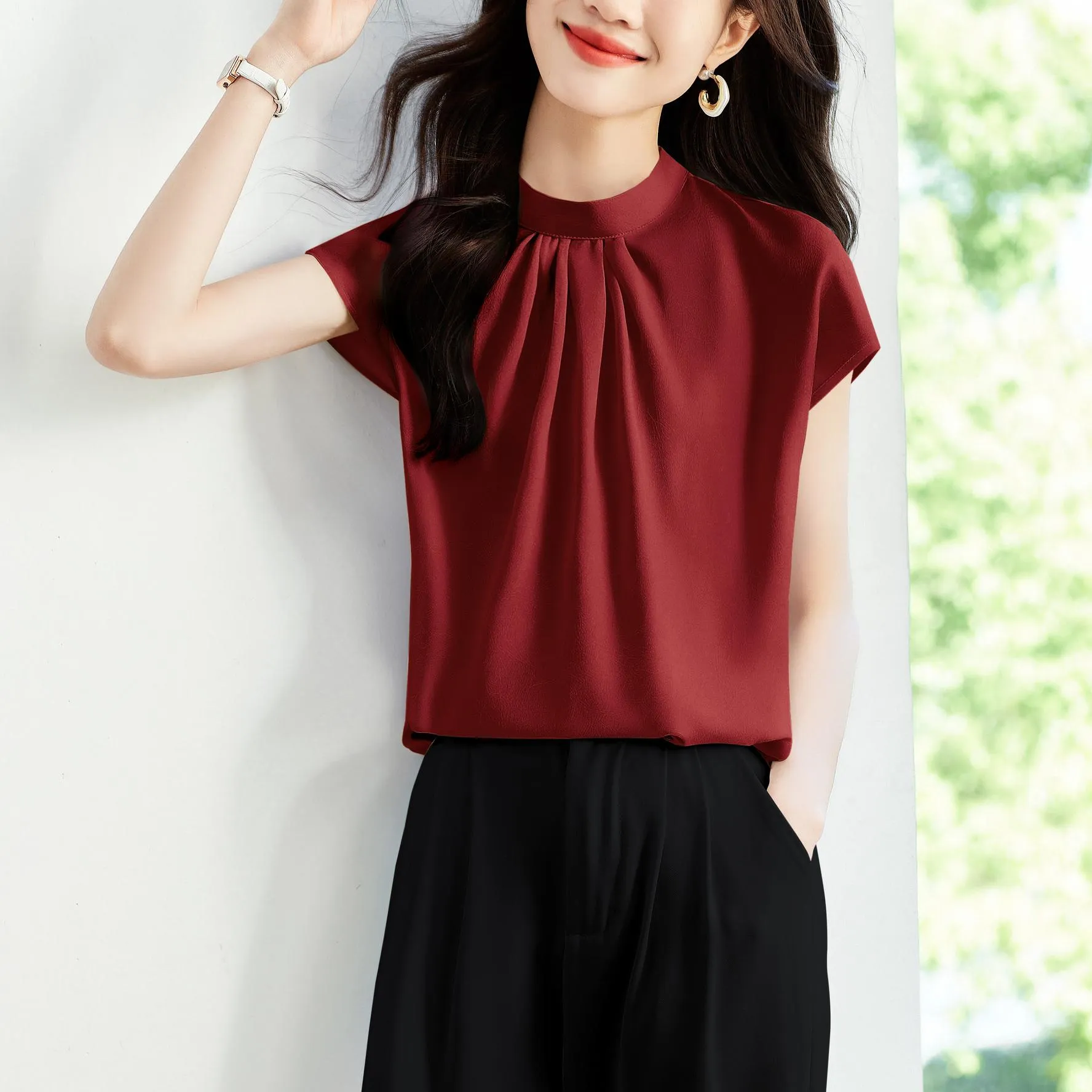 Women's Slinky Silk Blouse Featuring Pleated Details