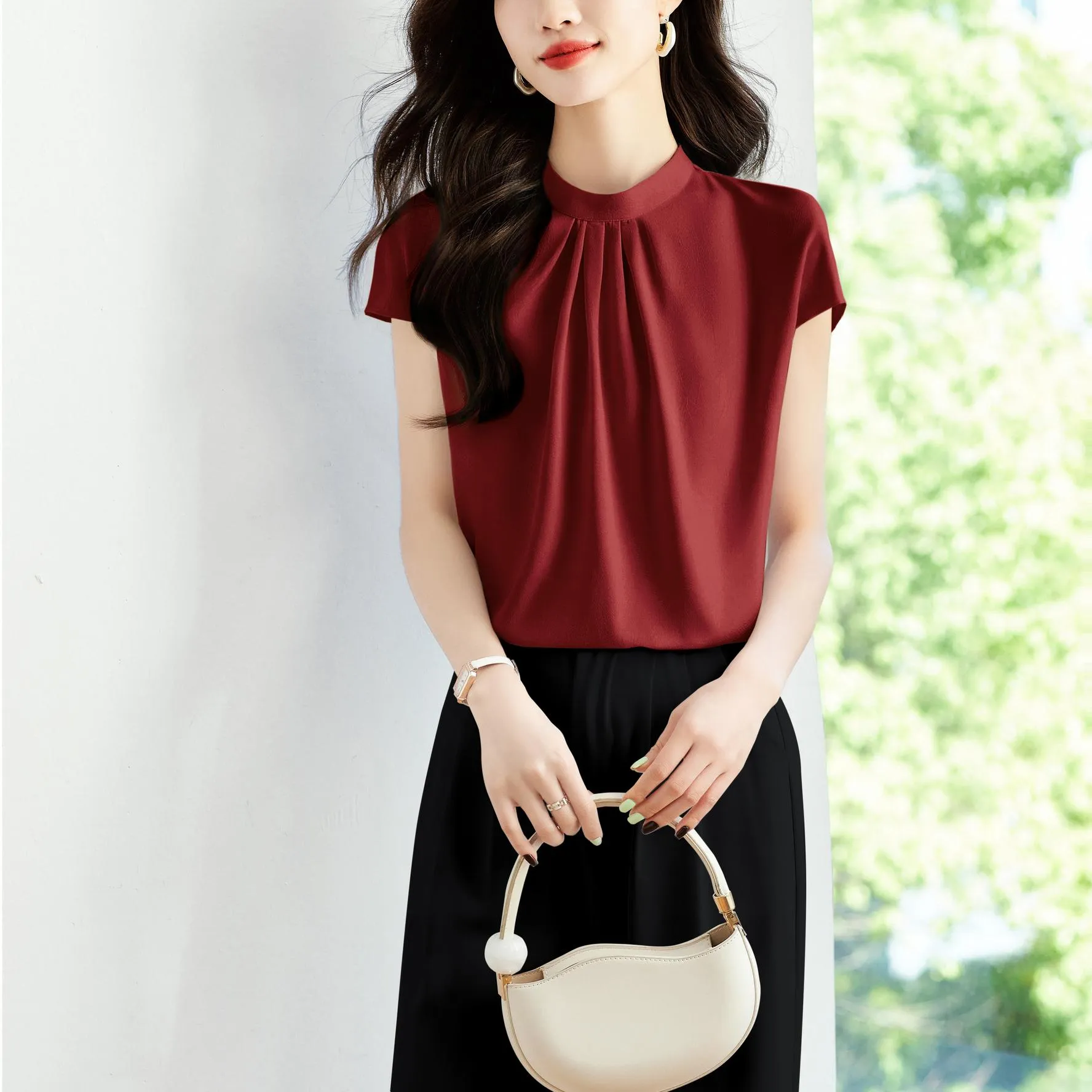 Women's Slinky Silk Blouse Featuring Pleated Details