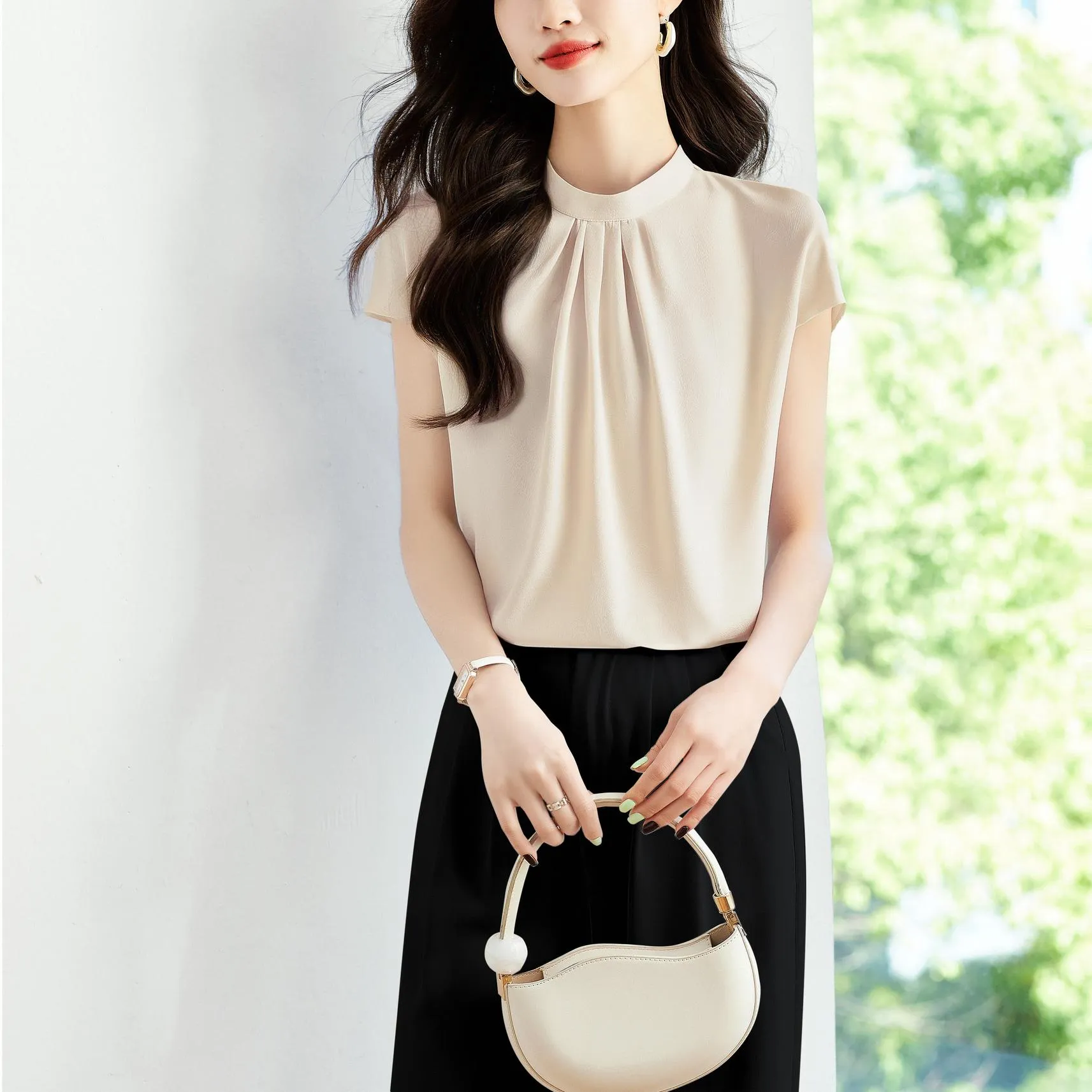 Women's Slinky Silk Blouse Featuring Pleated Details