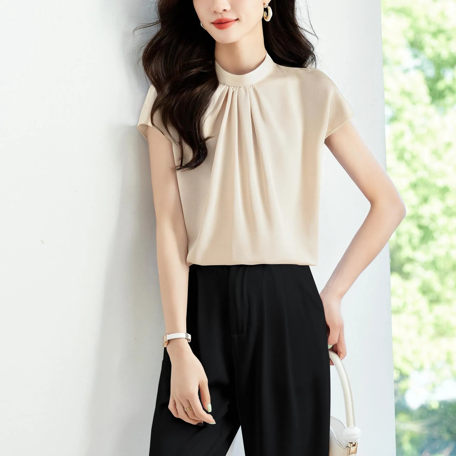 Women's Slinky Silk Blouse Featuring Pleated Details