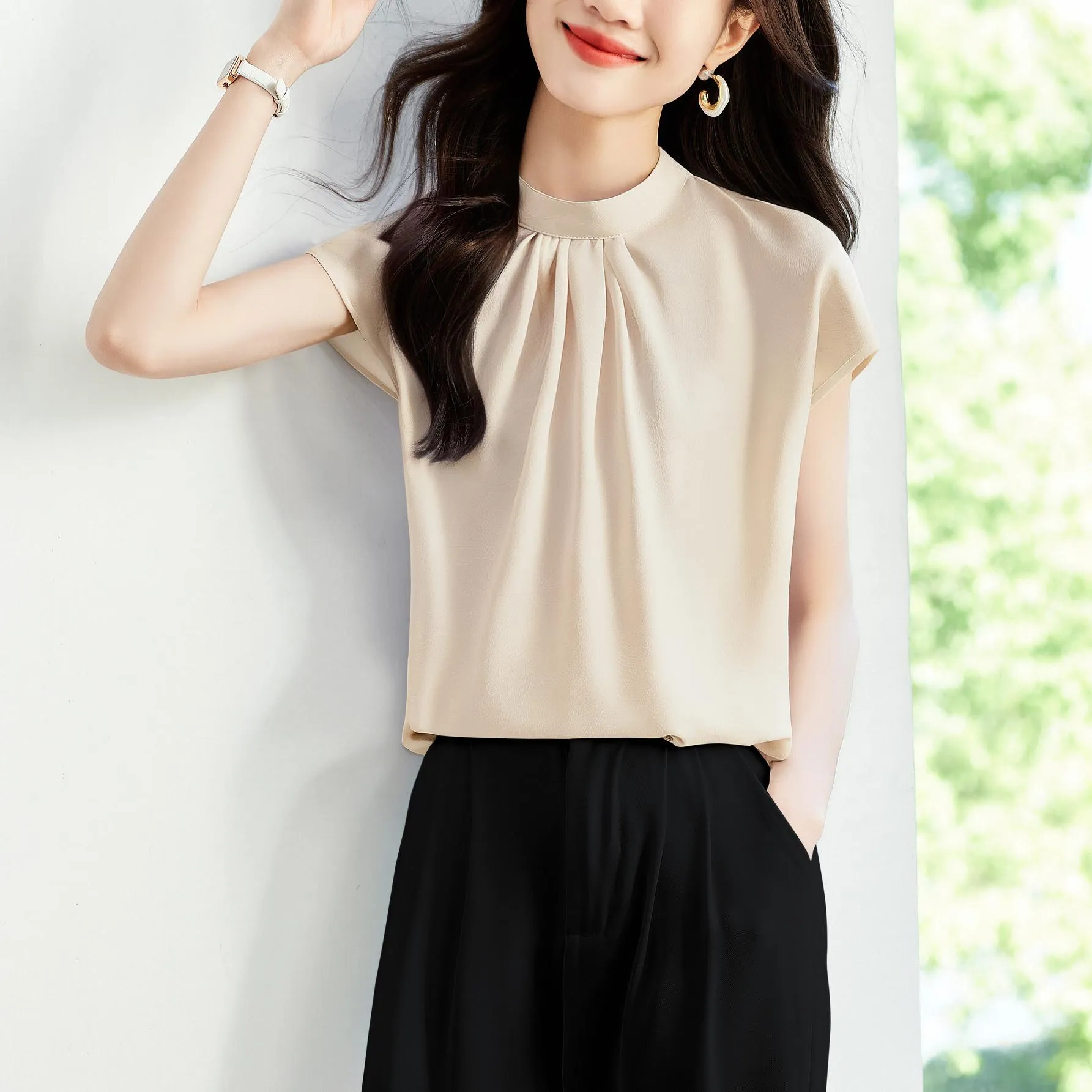 Women's Slinky Silk Blouse Featuring Pleated Details