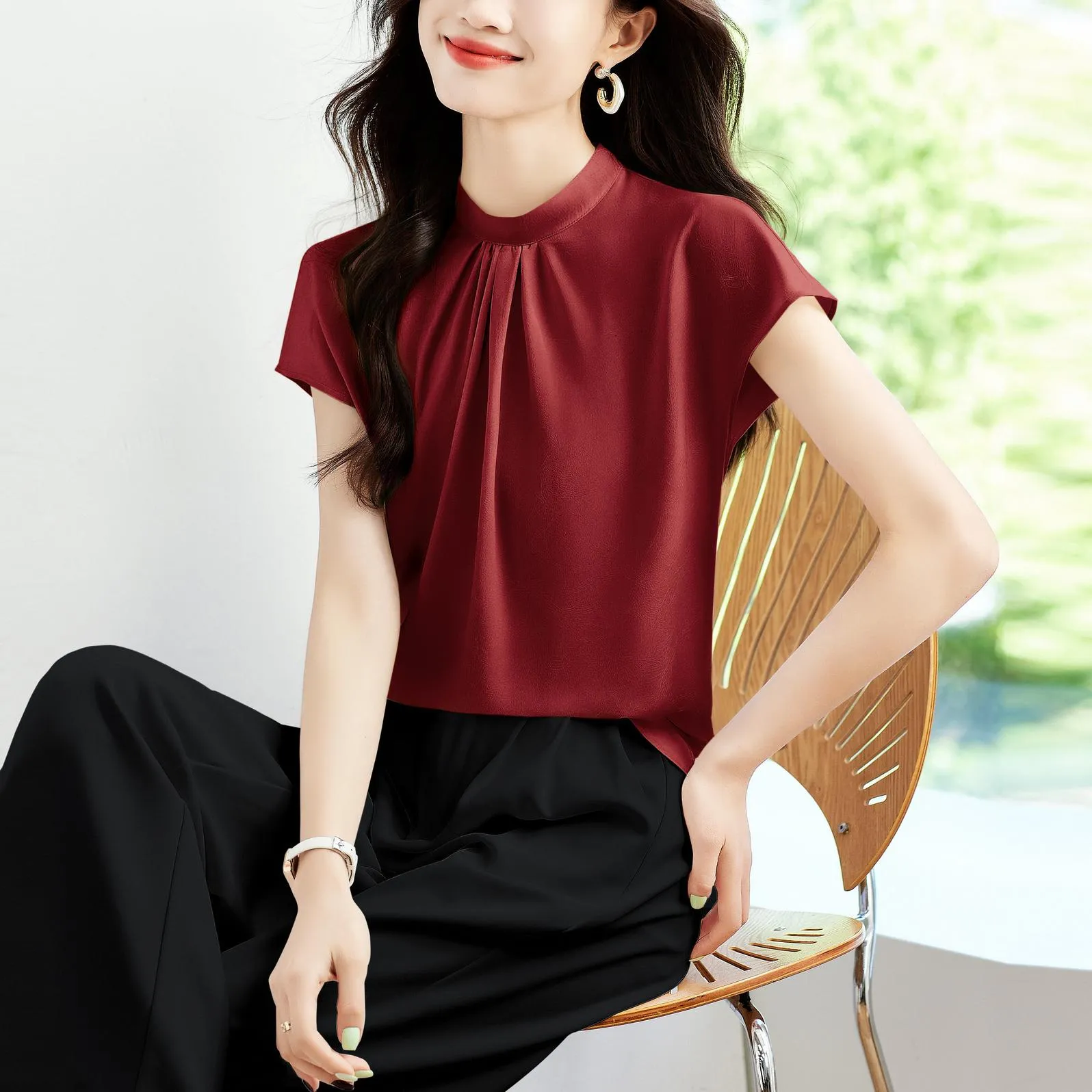 Women's Slinky Silk Blouse Featuring Pleated Details