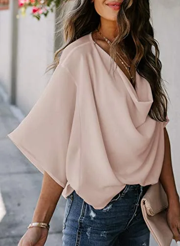 Wrap V Neck Draped Front Blouse