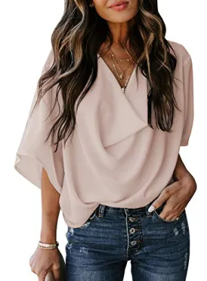 Wrap V Neck Draped Front Blouse