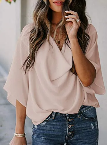 Wrap V Neck Draped Front Blouse