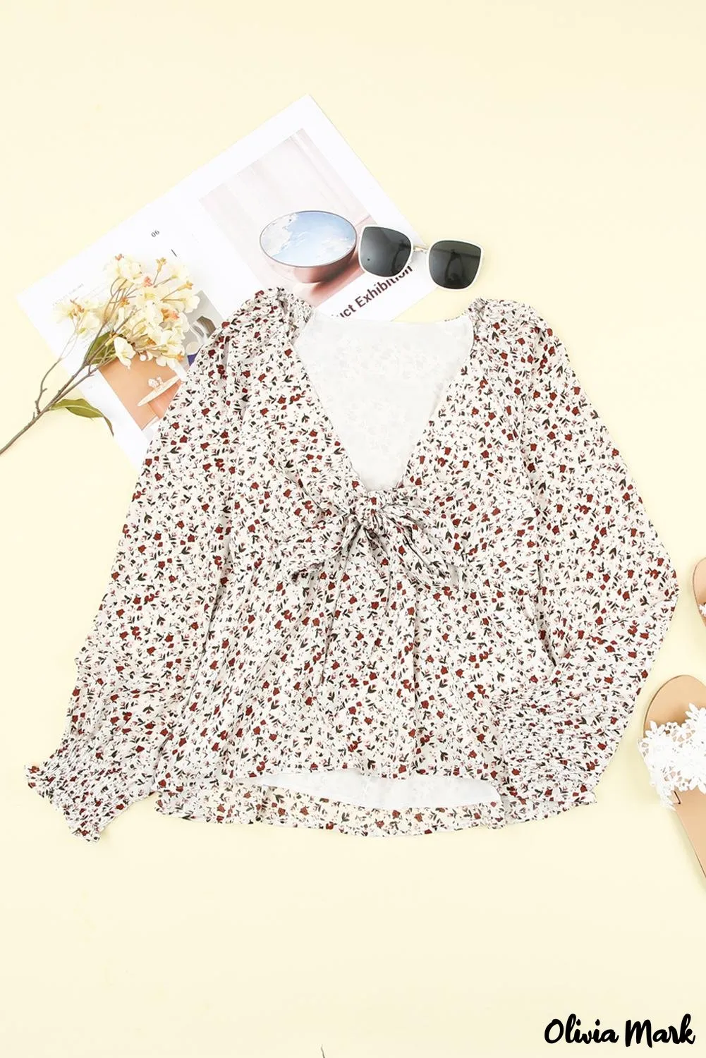 Xieyinshe - Brown Floral Ruffle Long Sleeve Blouse