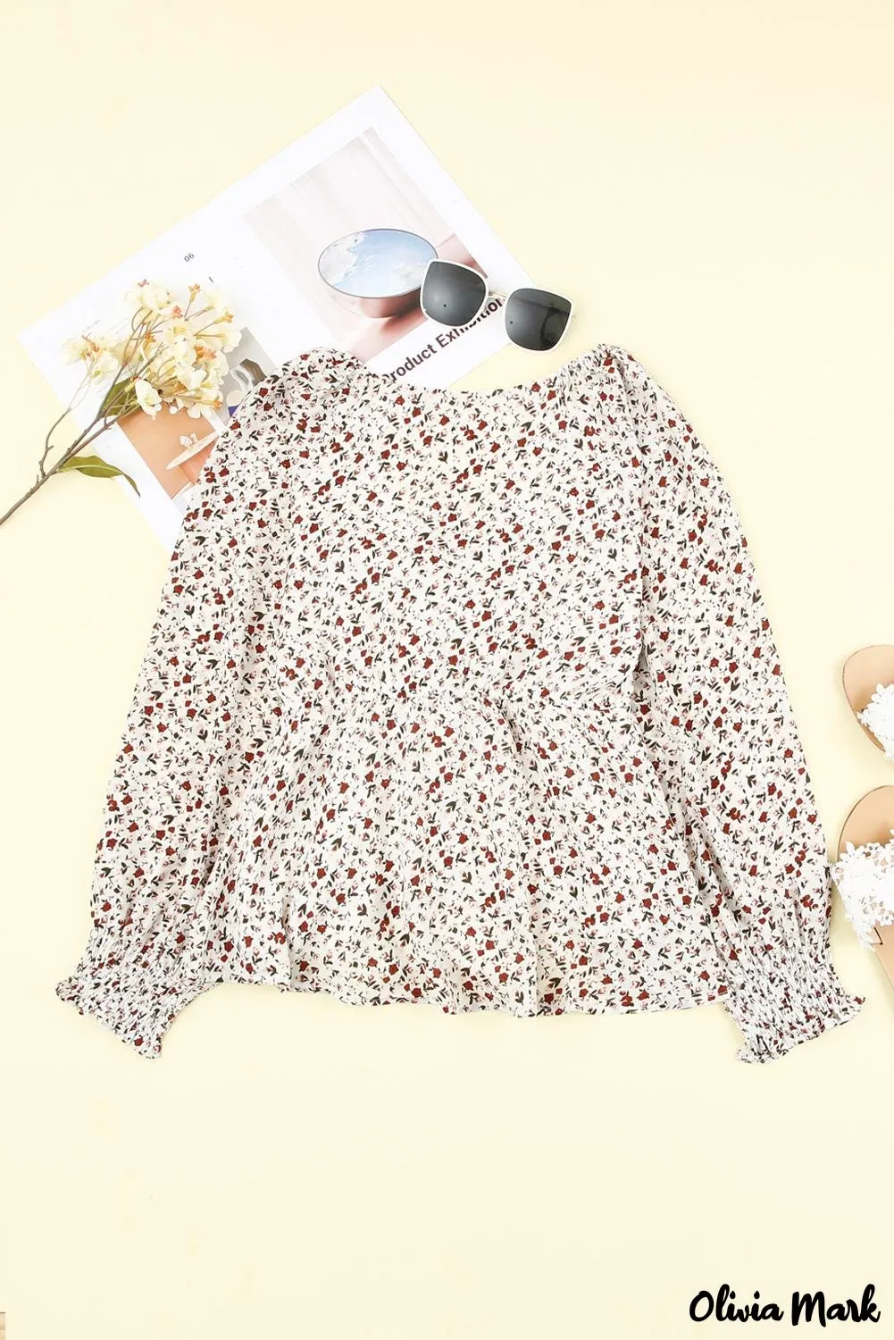 Xieyinshe - Brown Floral Ruffle Long Sleeve Blouse