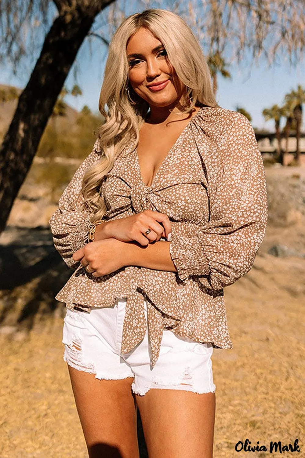 Xieyinshe - Brown Floral Ruffle Long Sleeve Blouse