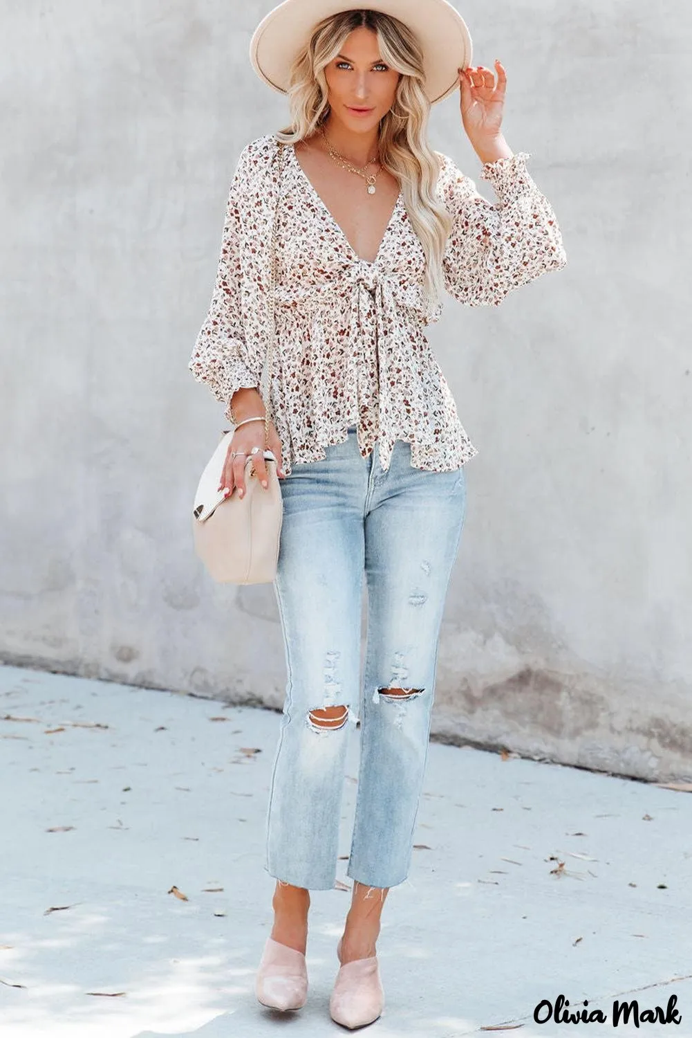 Xieyinshe - Brown Floral Ruffle Long Sleeve Blouse
