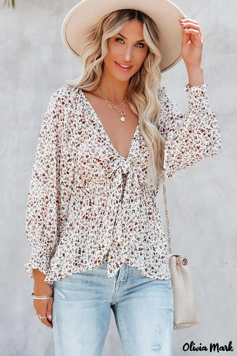 Xieyinshe - Brown Floral Ruffle Long Sleeve Blouse