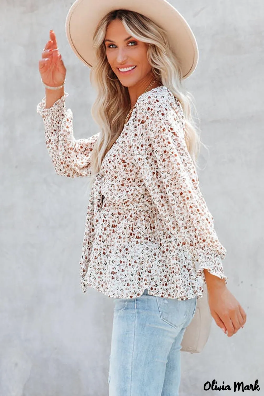 Xieyinshe - Brown Floral Ruffle Long Sleeve Blouse