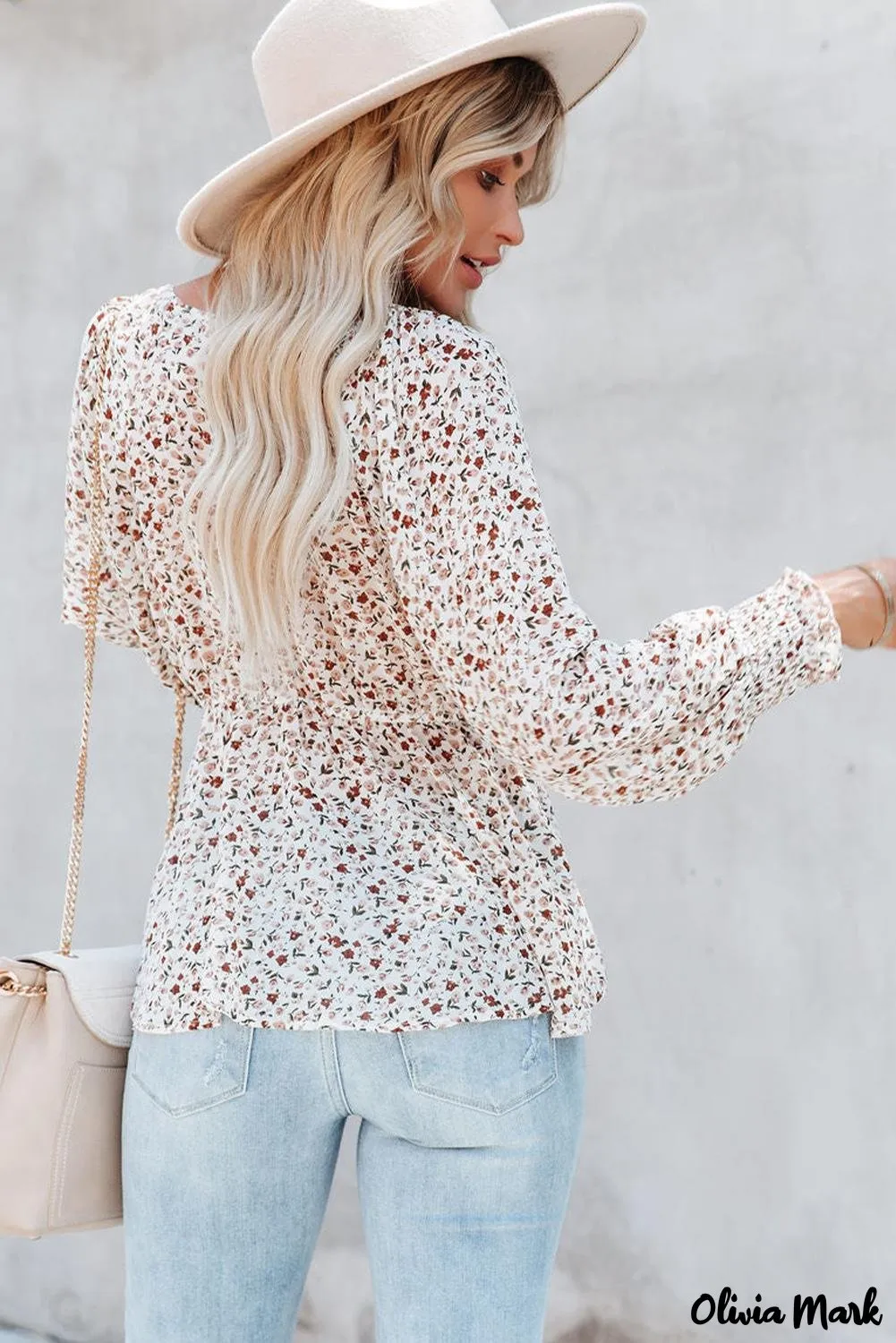 Xieyinshe - Brown Floral Ruffle Long Sleeve Blouse