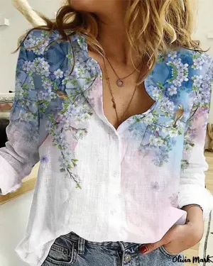 Xieyinshe - Floral Bird Print Long Sleeve Button Down Shirt
