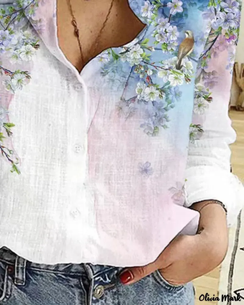 Xieyinshe - Floral Bird Print Long Sleeve Button Down Shirt
