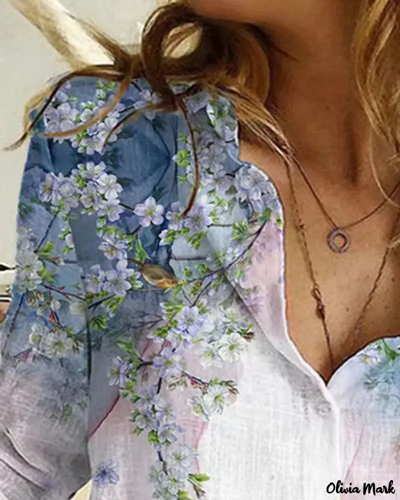 Xieyinshe - Floral Bird Print Long Sleeve Button Down Shirt