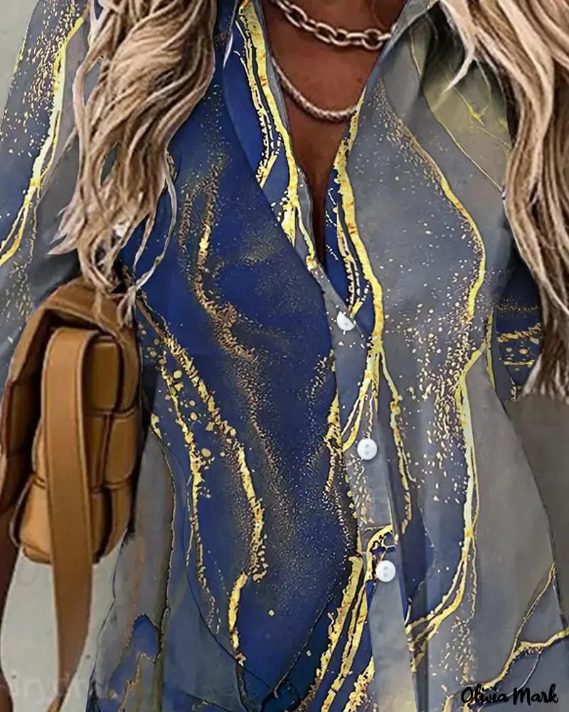 Xieyinshe - Marble Print Long Sleeve Button Down Shirt