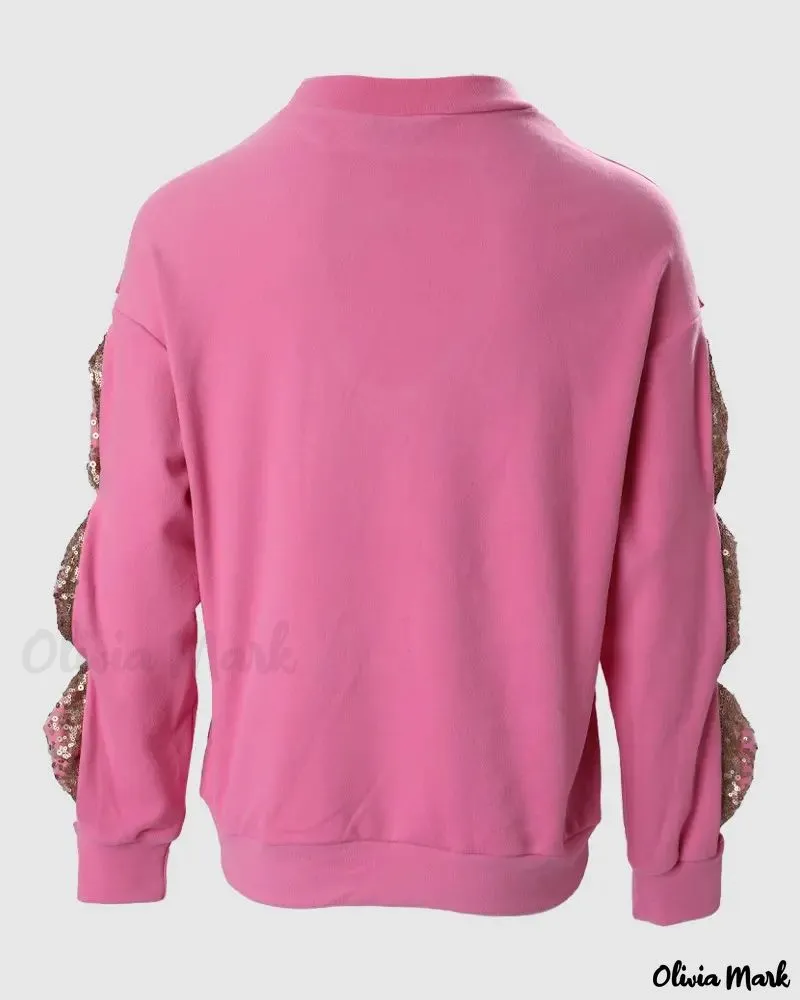 Xieyinshe - Ribbed Long Sleeve Top with Contrast Sequin Bow Decor