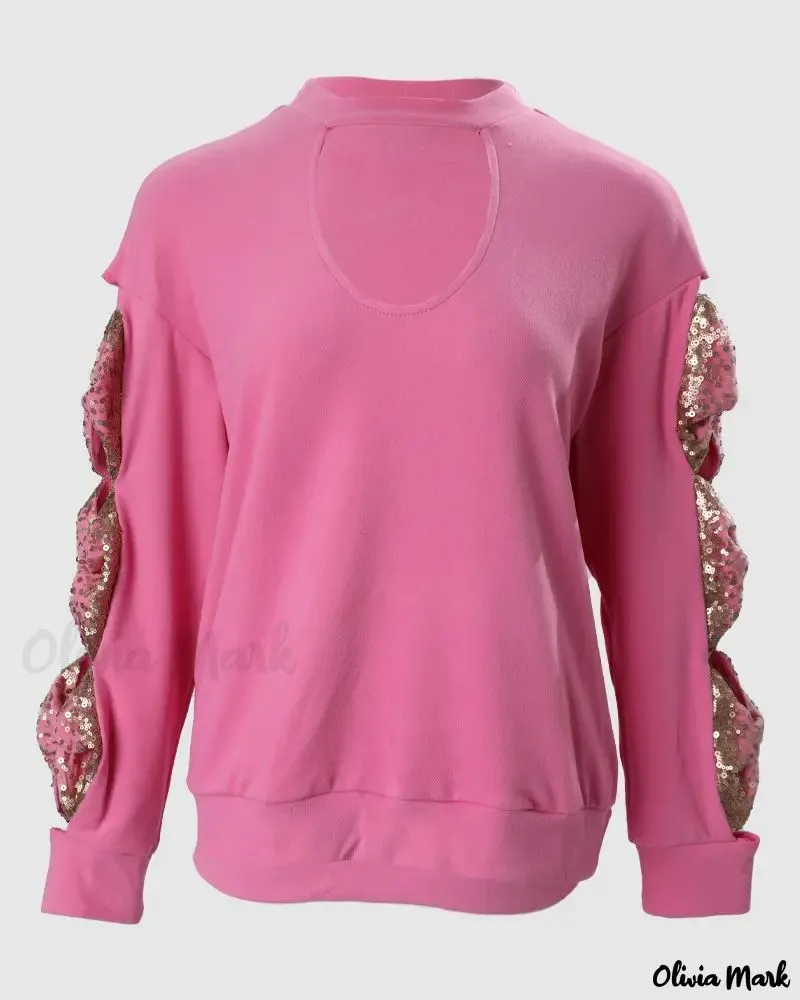 Xieyinshe - Ribbed Long Sleeve Top with Contrast Sequin Bow Decor